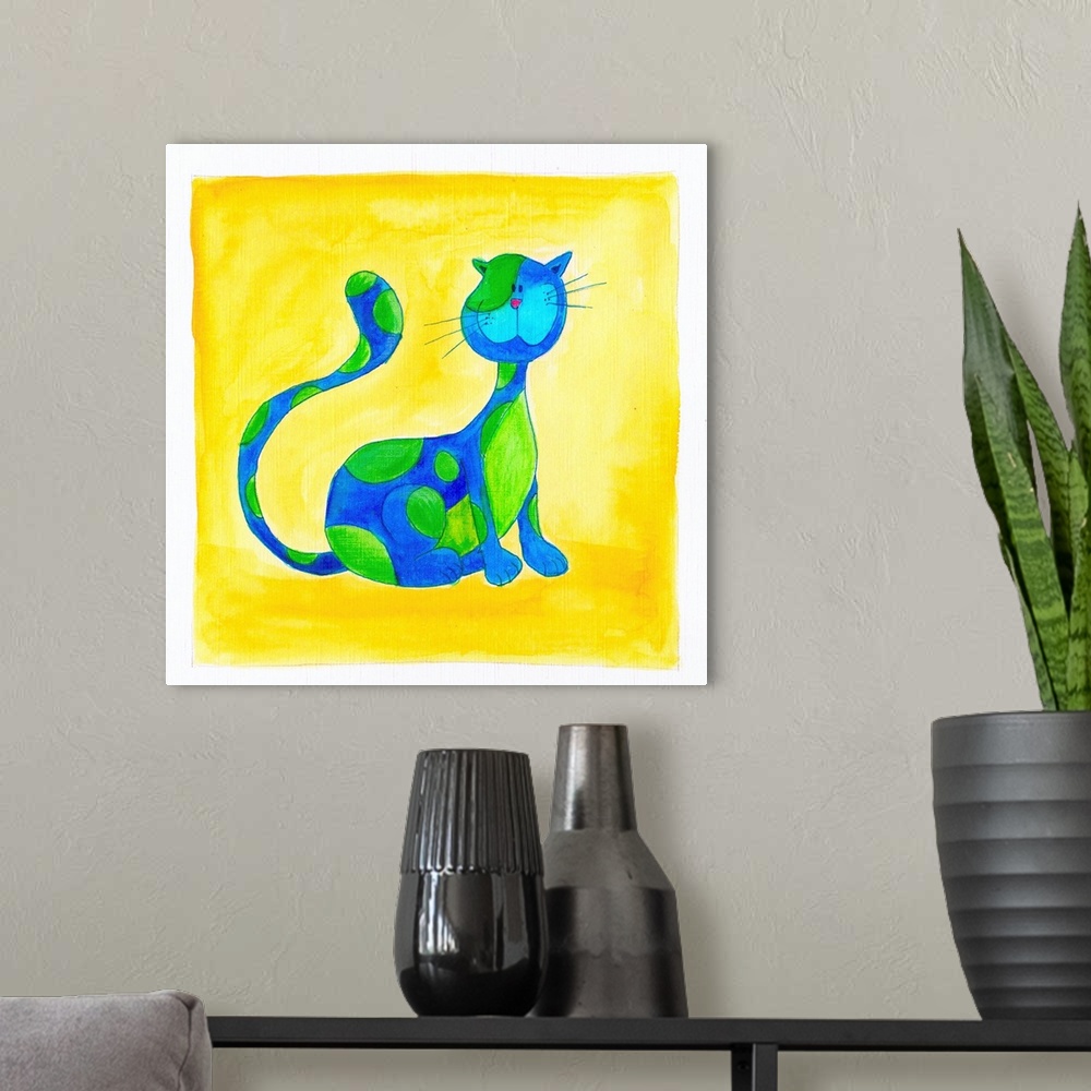 A modern room featuring blue cat with green spots