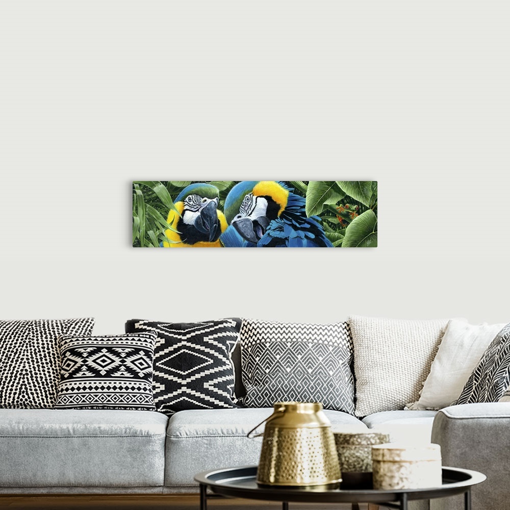 A bohemian room featuring Contemporary painting of two colorful tropical parrots.