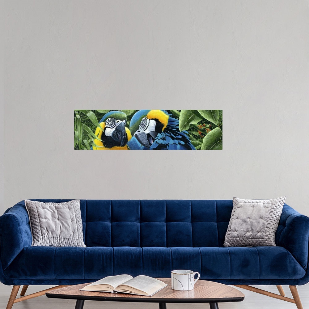 A modern room featuring Contemporary painting of two colorful tropical parrots.
