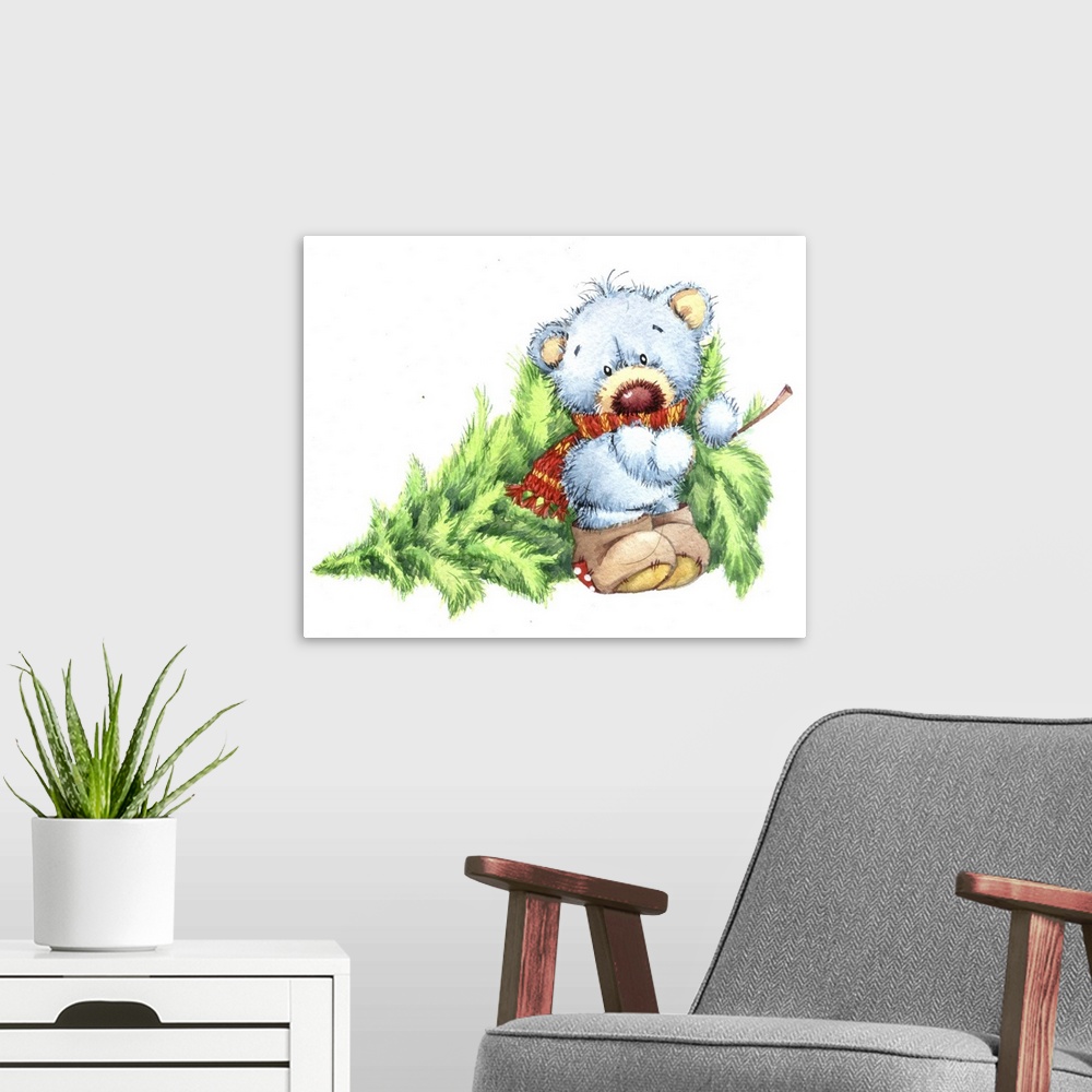 A modern room featuring Blue Bear Carrying A Christmas Tree