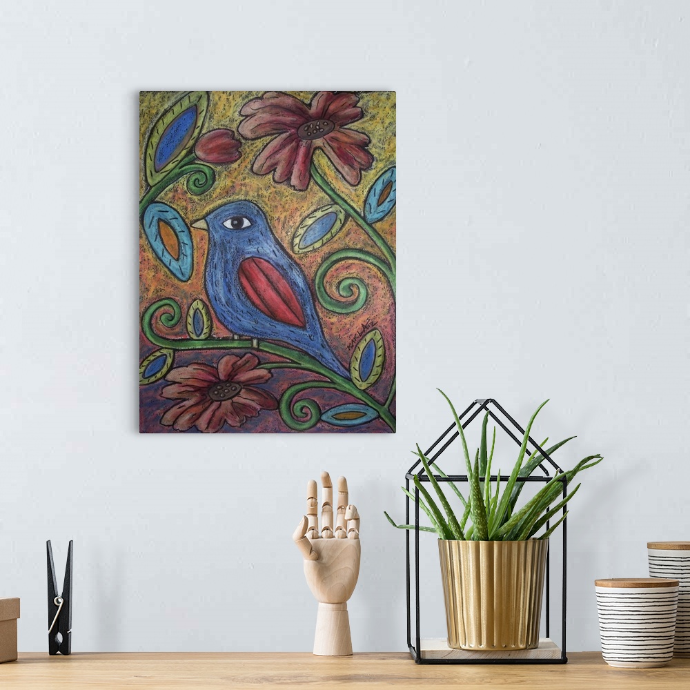 A bohemian room featuring Contemporary painting of a blue bird perched on a flower stem.