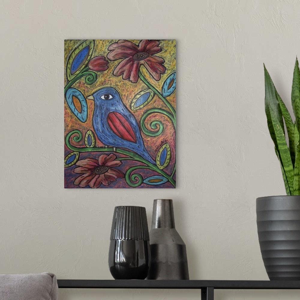 A modern room featuring Contemporary painting of a blue bird perched on a flower stem.