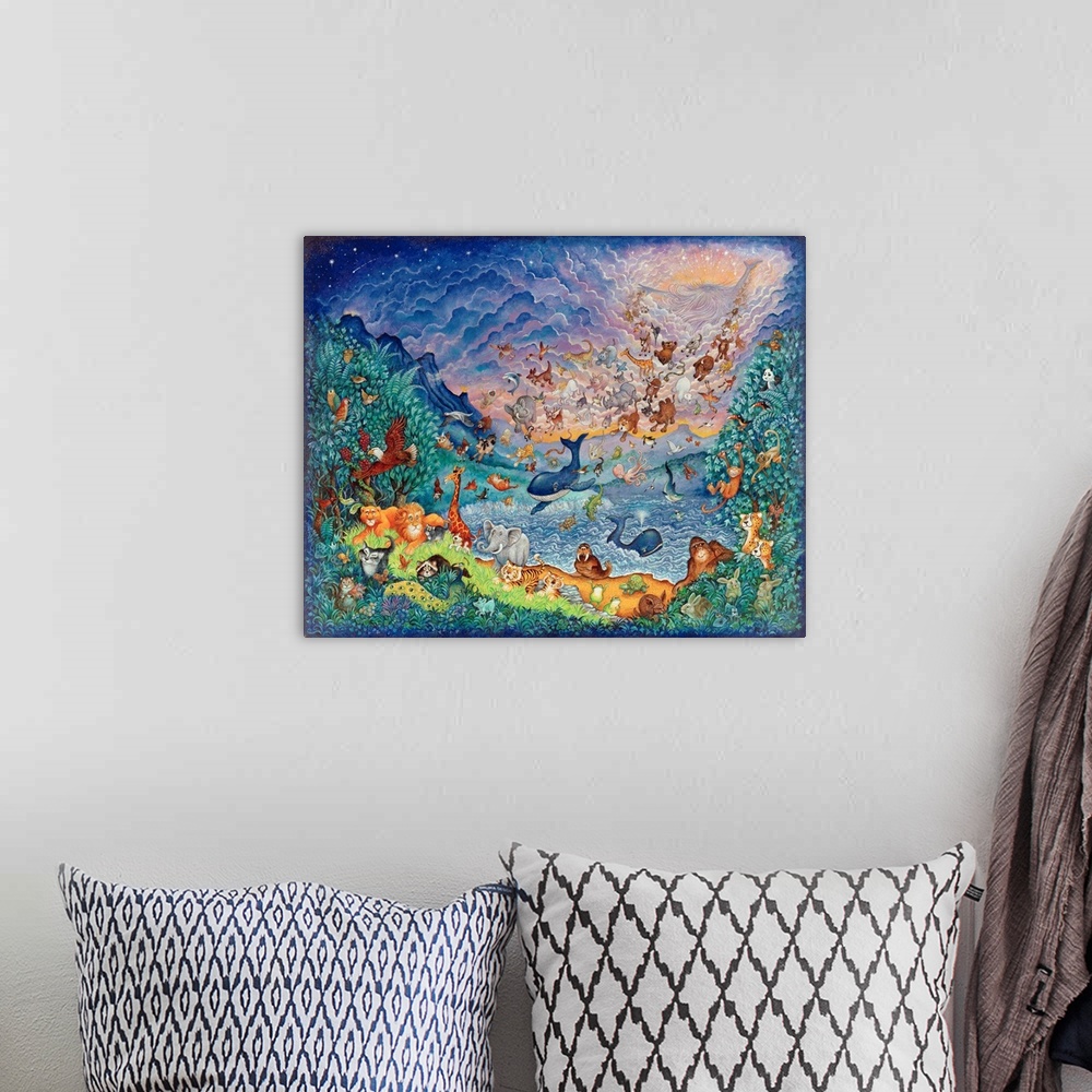 A bohemian room featuring Creation of animals falling from the sky, in blue.