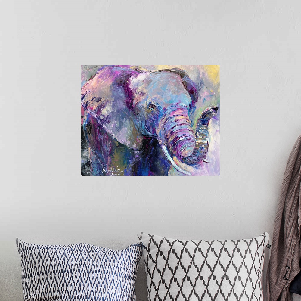 A bohemian room featuring Abstract painting of an elephant with cool tones.