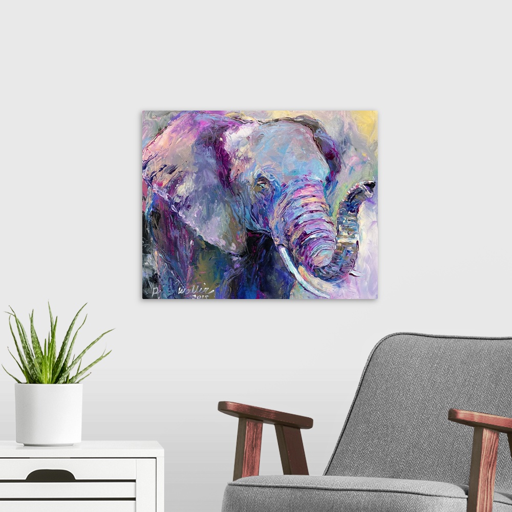 A modern room featuring Abstract painting of an elephant with cool tones.
