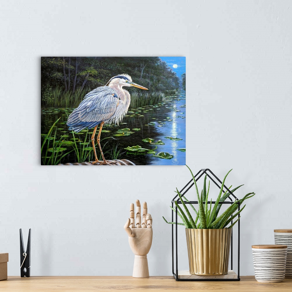 A bohemian room featuring Painting of a Great Blue Heron standing on the edge of a pond with moonlight reflecting off the w...