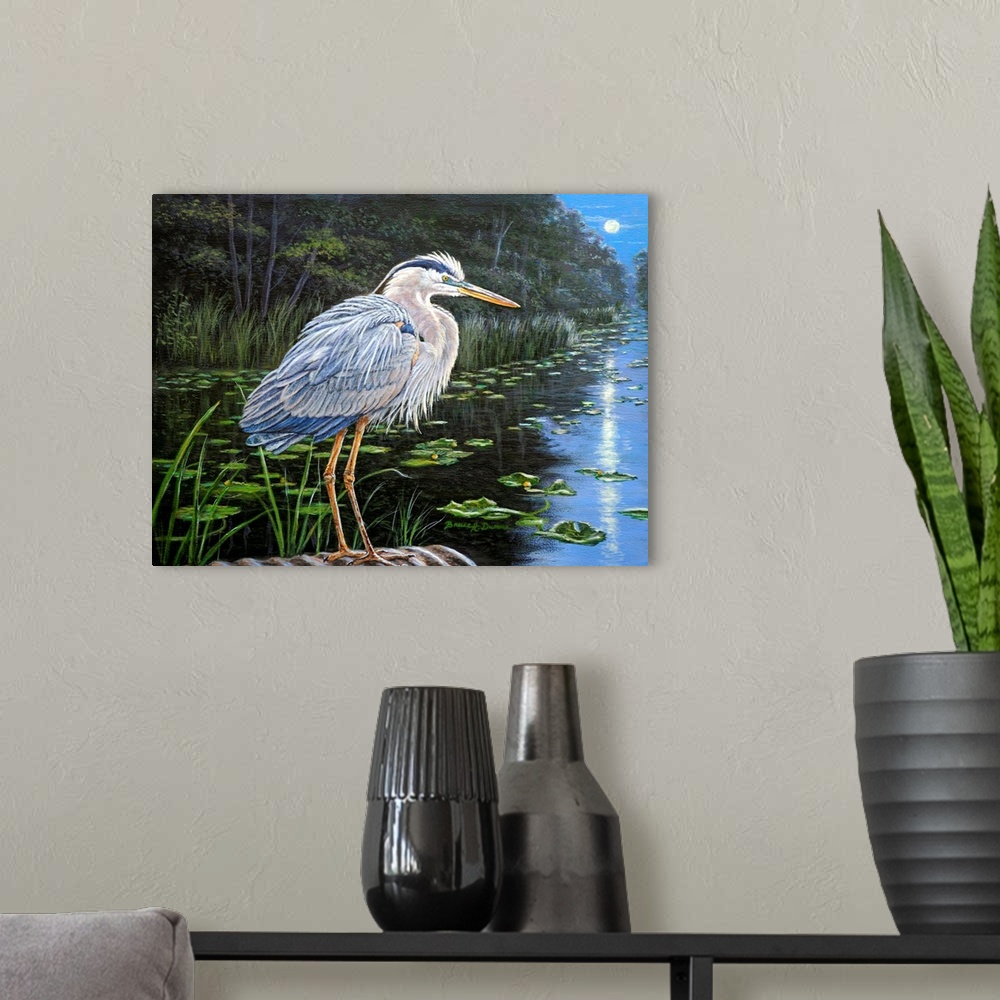 A modern room featuring Painting of a Great Blue Heron standing on the edge of a pond with moonlight reflecting off the w...