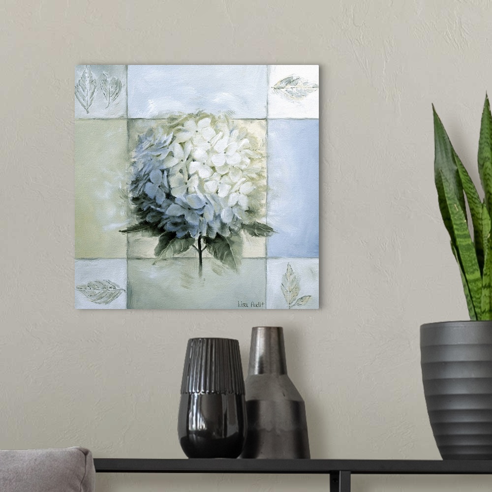 A modern room featuring Blue Hydrangea Study I
