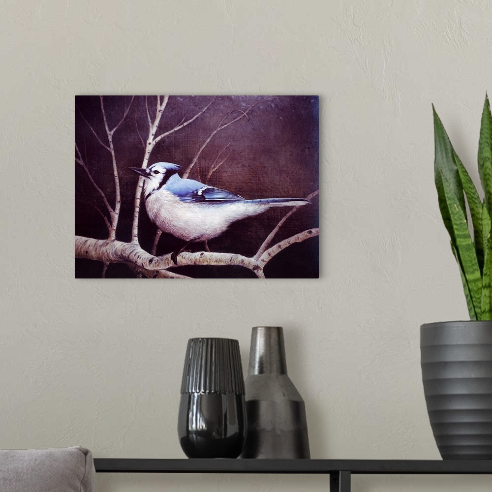 A modern room featuring Contemporary artwork of a blue jay on a branch.