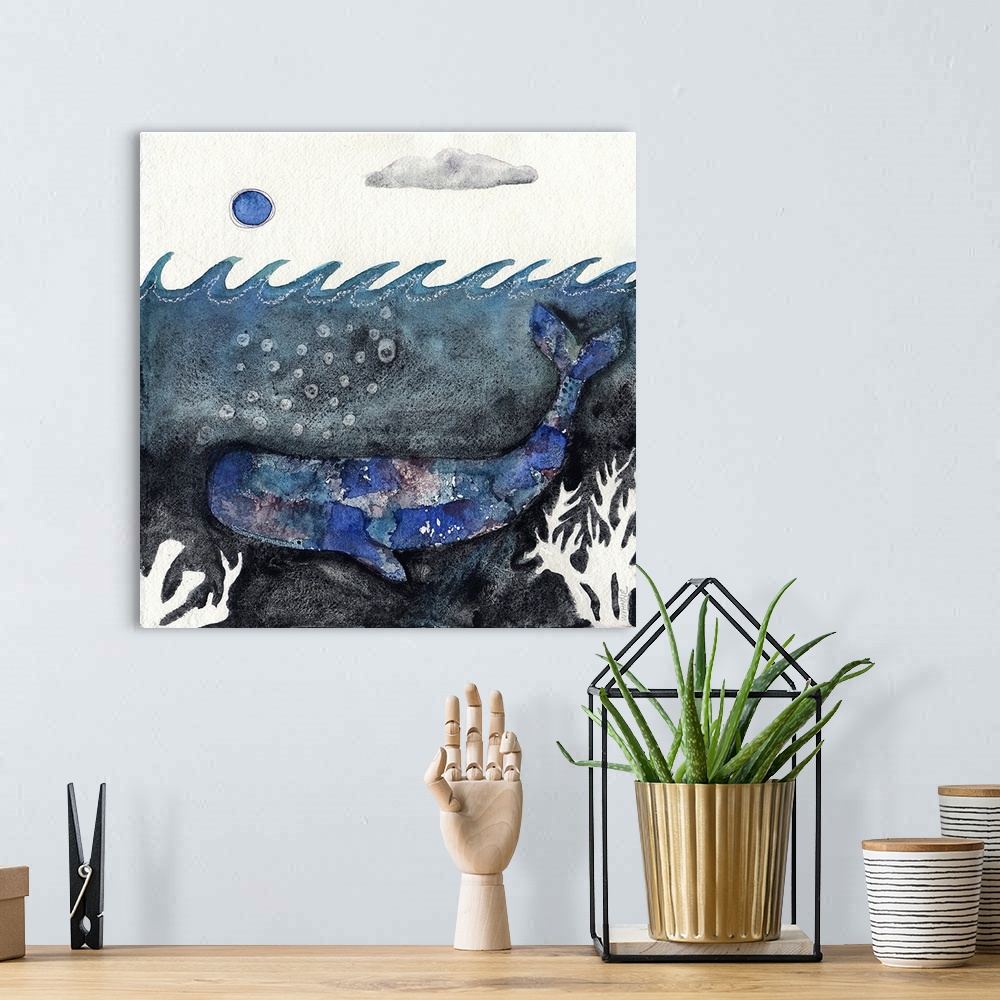 A bohemian room featuring A deep blue whale in a dark ocean under the moon.