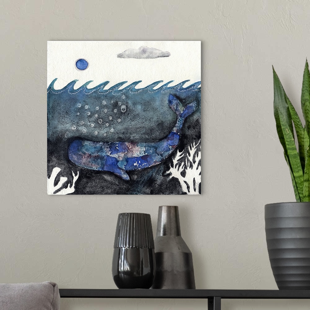 A modern room featuring A deep blue whale in a dark ocean under the moon.