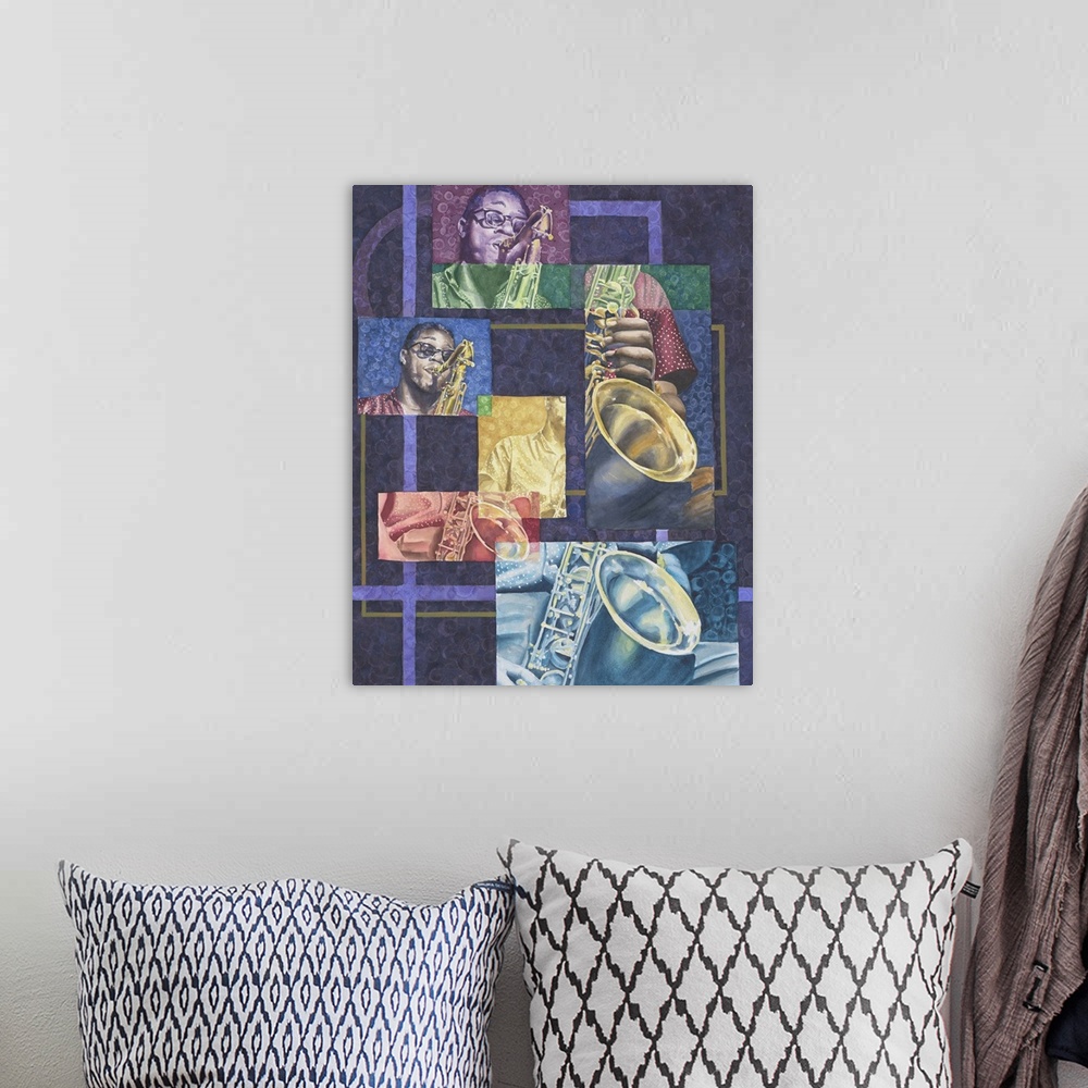 A bohemian room featuring Contemporary jazz music history inspired artwork.