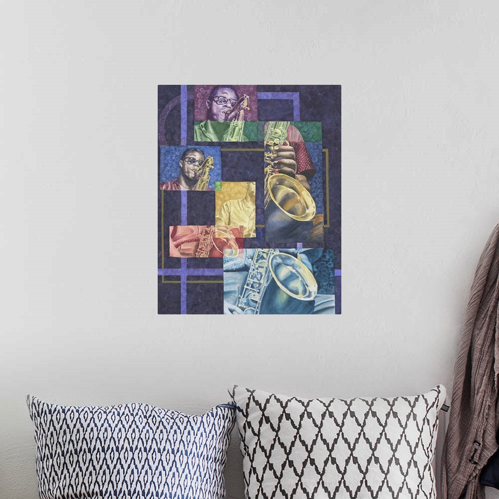 A bohemian room featuring Contemporary jazz music history inspired artwork.