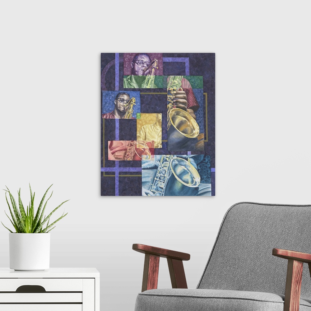 A modern room featuring Contemporary jazz music history inspired artwork.