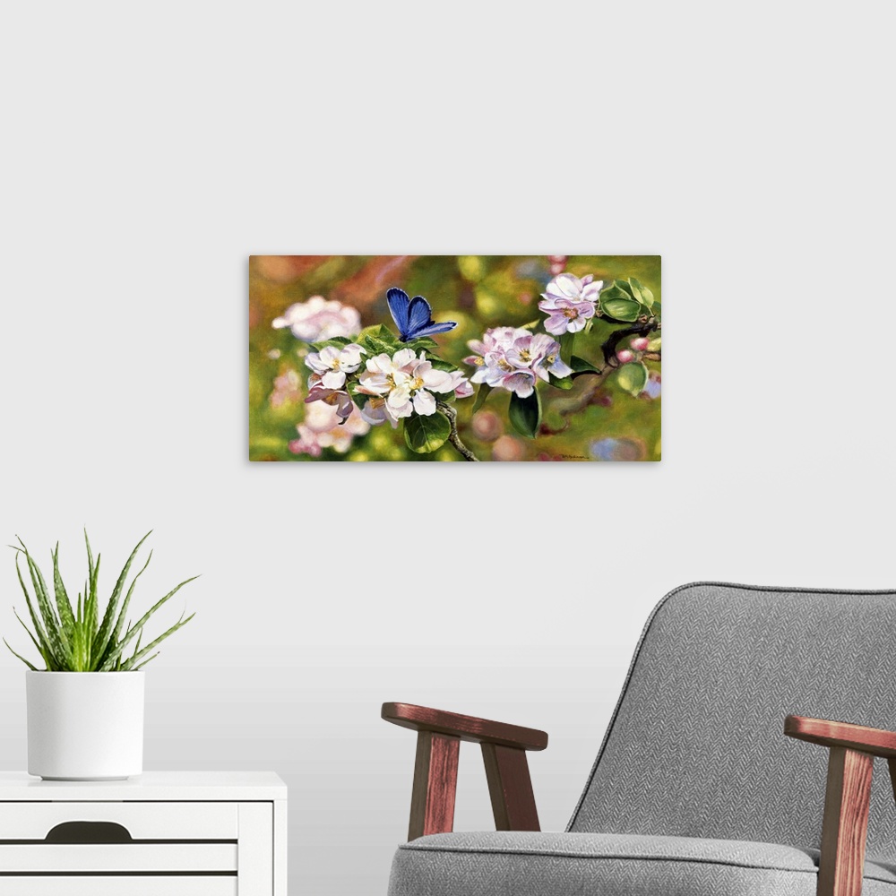 A modern room featuring flowers and butterfly