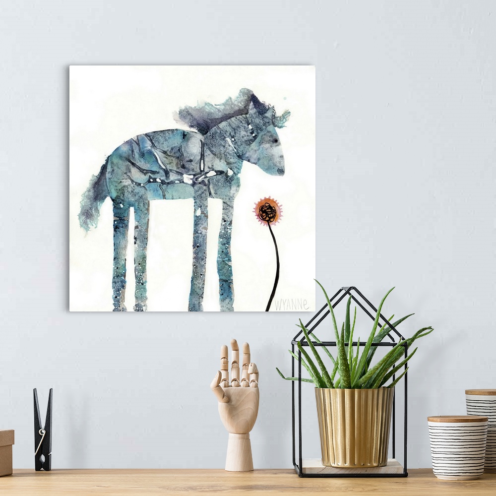A bohemian room featuring A blue watercolor horse looking at a small red flower.