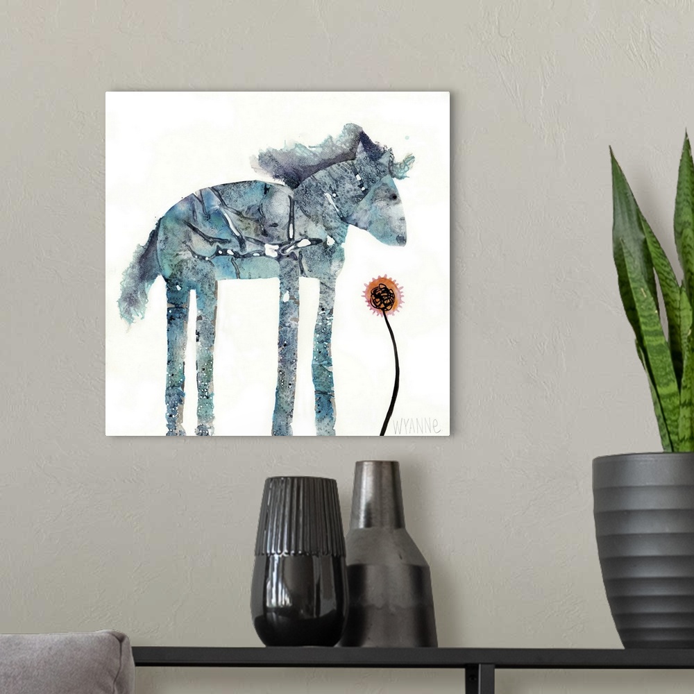 A modern room featuring A blue watercolor horse looking at a small red flower.