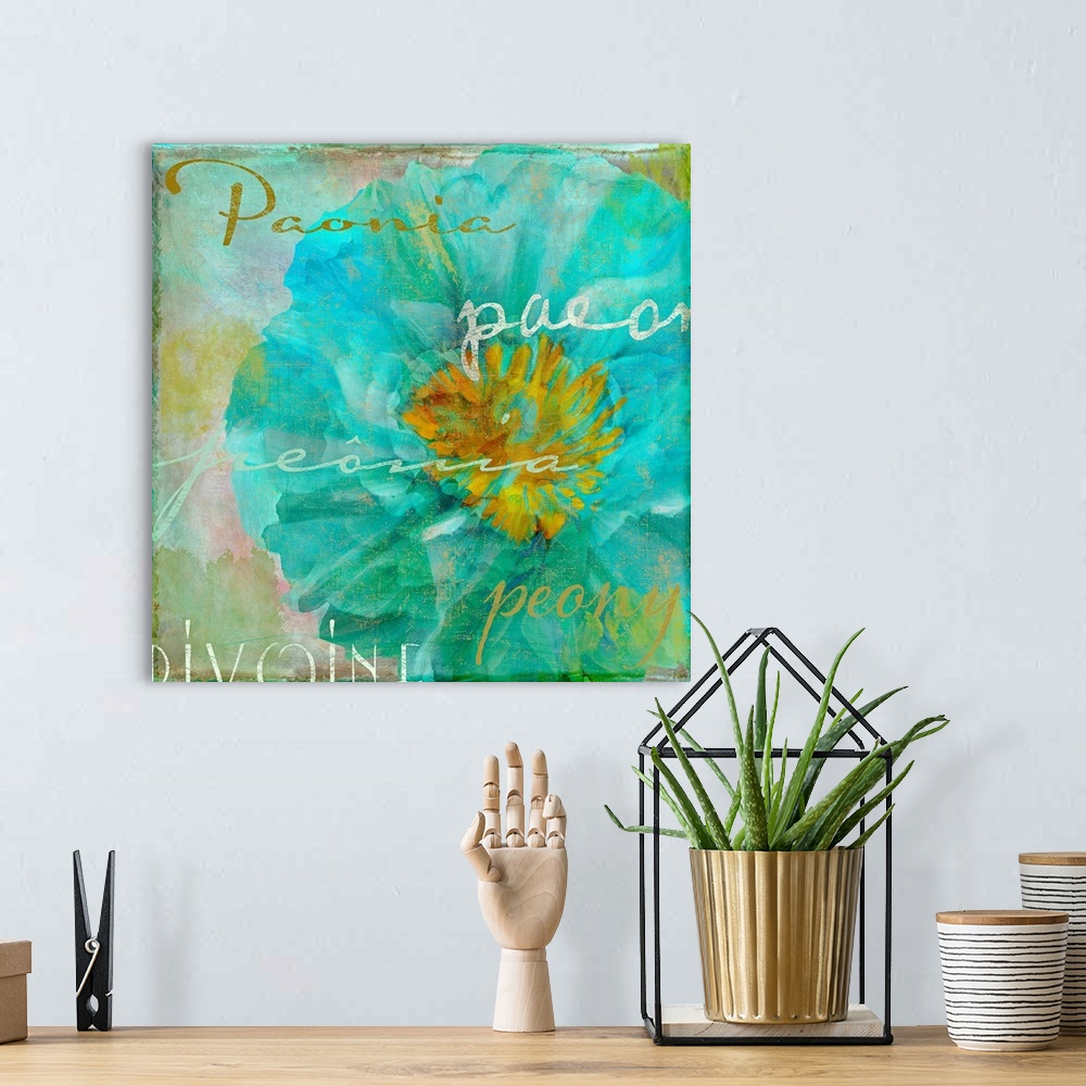 A bohemian room featuring Docor perfect for the home of a large peony flower with scripted text over the print of the word ...