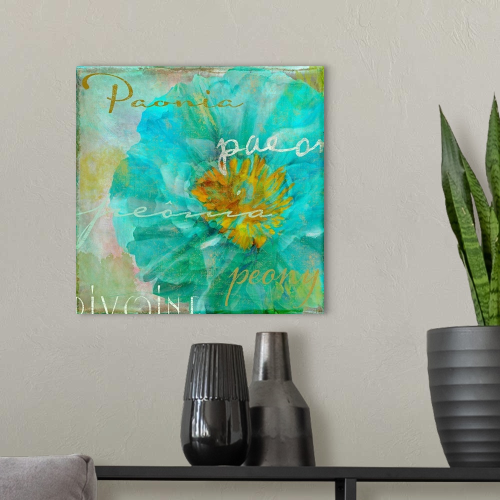 A modern room featuring Docor perfect for the home of a large peony flower with scripted text over the print of the word ...