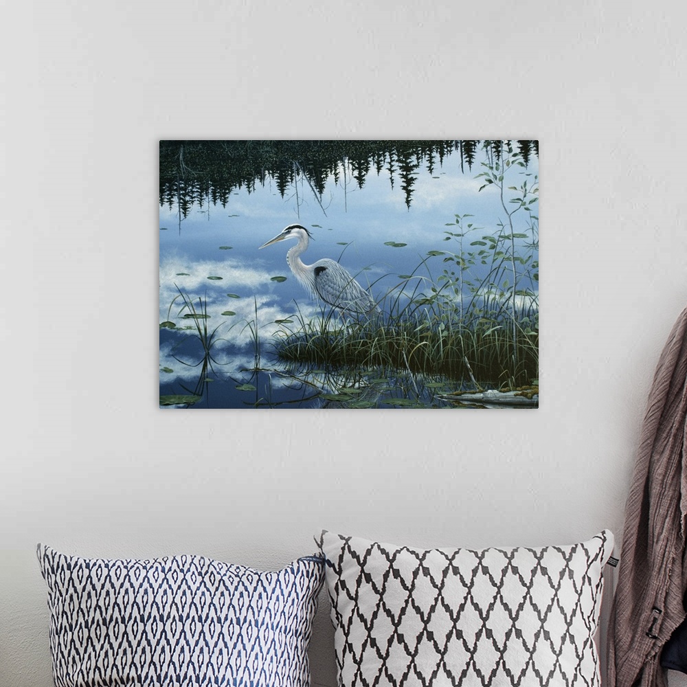 A bohemian room featuring an egret standing in a swampy area with its reflection in the water