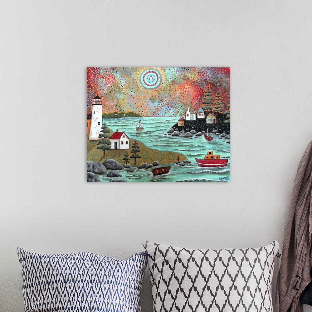 A bohemian room featuring Contemporary painting of a coastal scene with a lighthouse and boats.