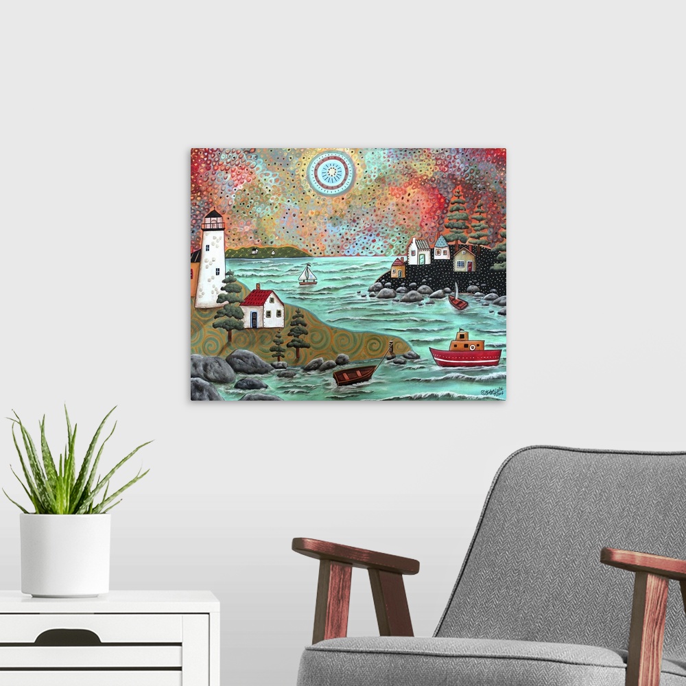 A modern room featuring Contemporary painting of a coastal scene with a lighthouse and boats.