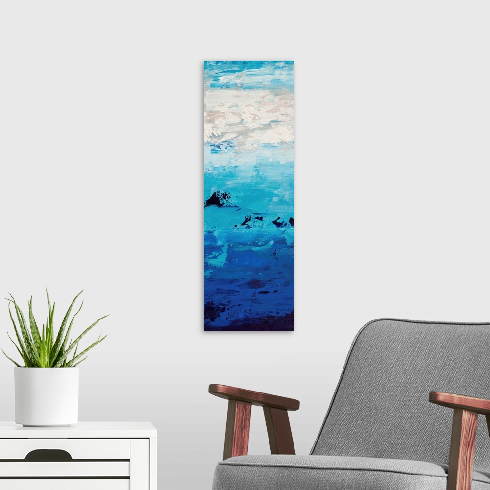 A modern room featuring Contemporary abstract painting in blue tones, resembling a bright sky.