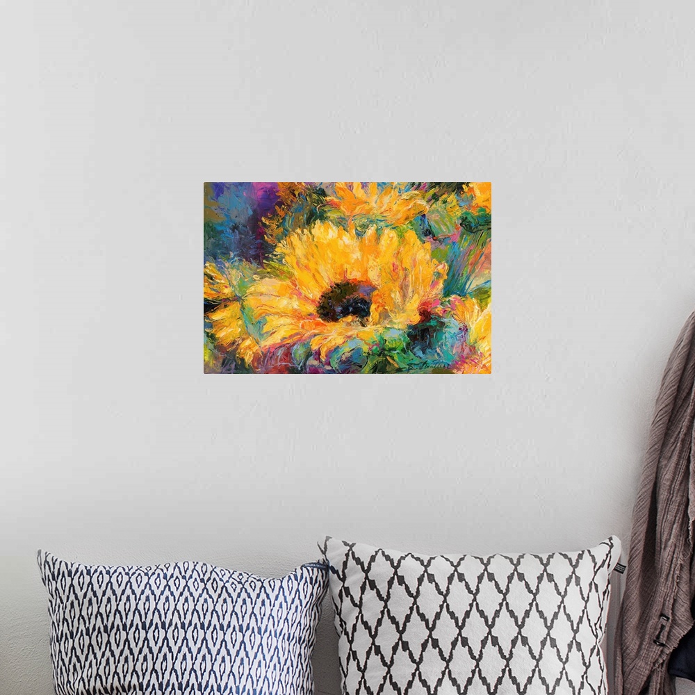 A bohemian room featuring Colorful abstract painting of sunflowers.