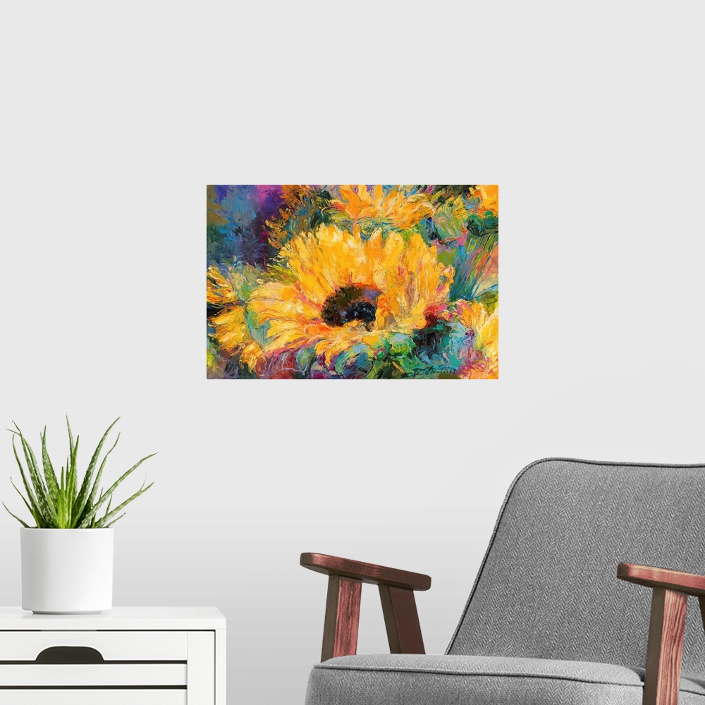 A modern room featuring Colorful abstract painting of sunflowers.
