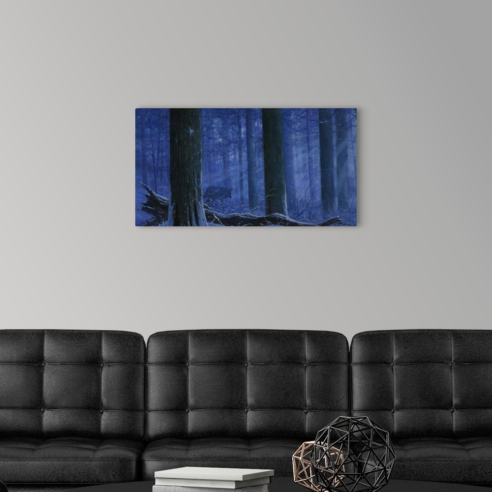 A modern room featuring A wolf in the woods