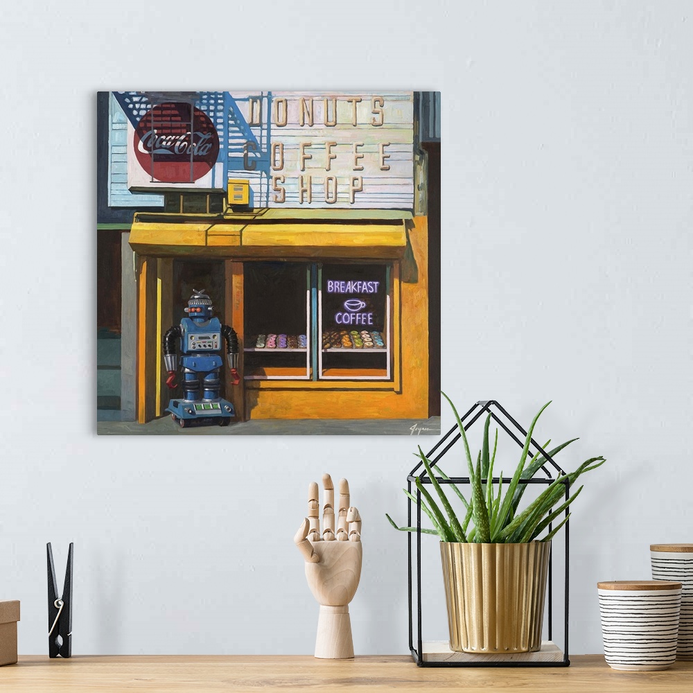 A bohemian room featuring A contemporary painting of a blue retro toy robot standing out front of a donut shop waiting for ...