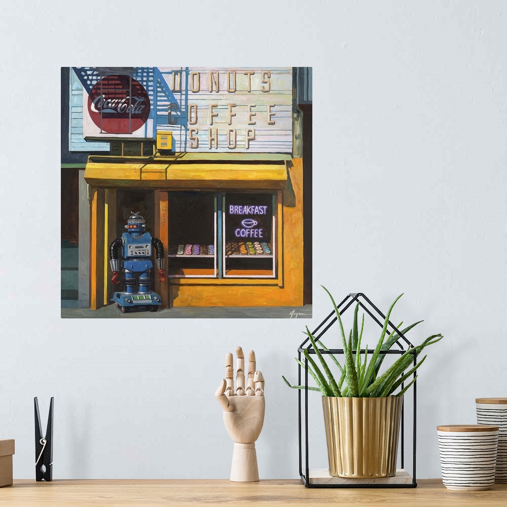 A bohemian room featuring A contemporary painting of a blue retro toy robot standing out front of a donut shop waiting for ...