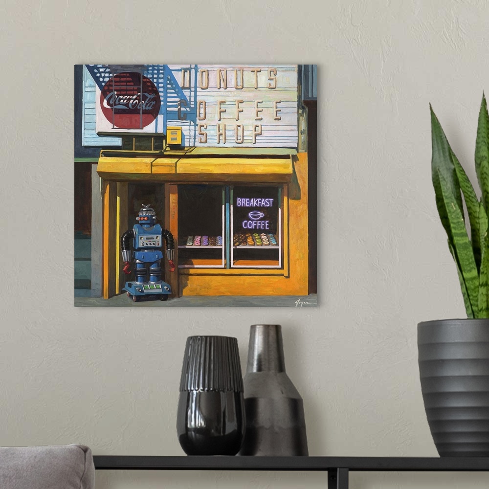 A modern room featuring A contemporary painting of a blue retro toy robot standing out front of a donut shop waiting for ...