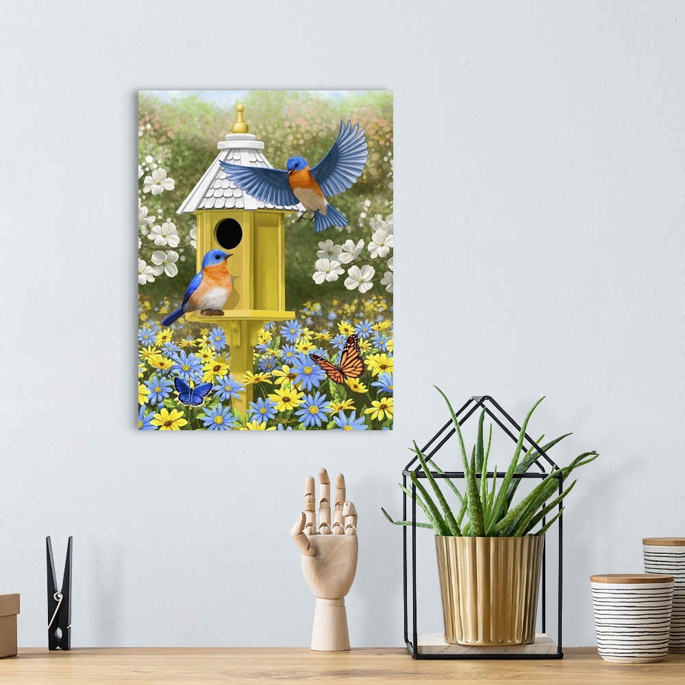 A bohemian room featuring Bluebirds at a yellow birdhouse.