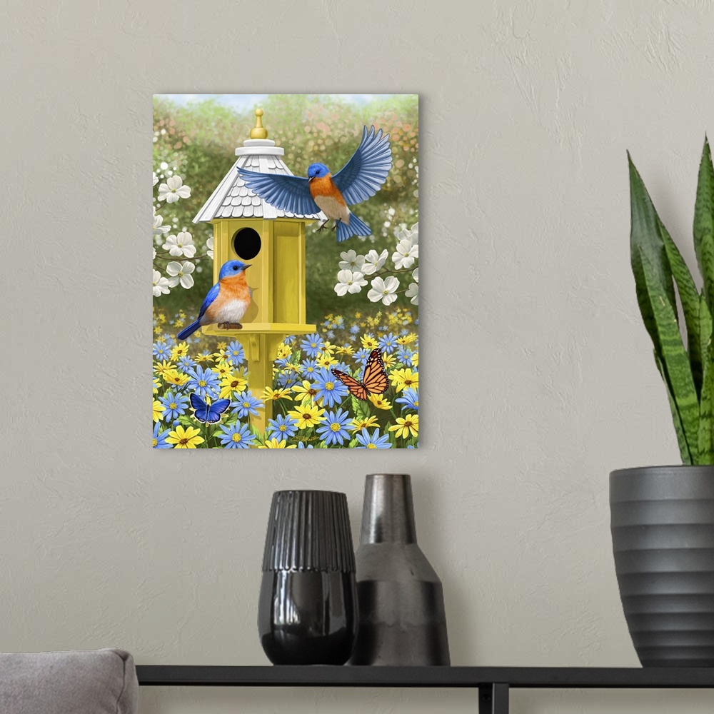 A modern room featuring Bluebirds at a yellow birdhouse.
