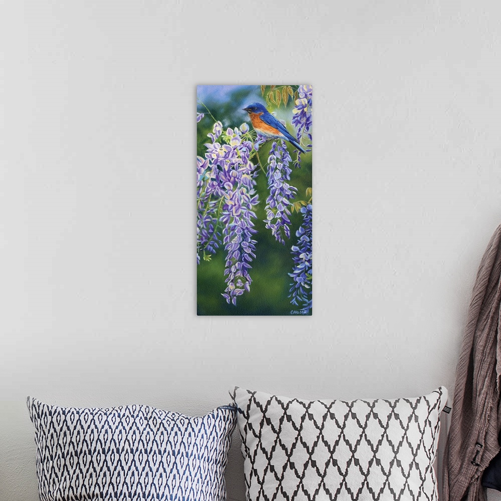 A bohemian room featuring bluebird on purple wisteria