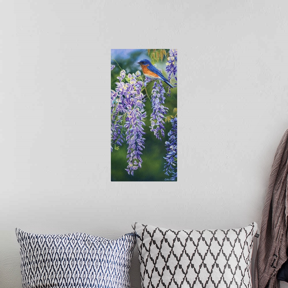 A bohemian room featuring bluebird on purple wisteria