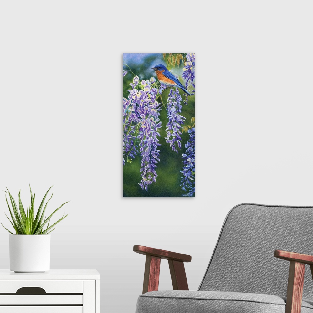 A modern room featuring bluebird on purple wisteria