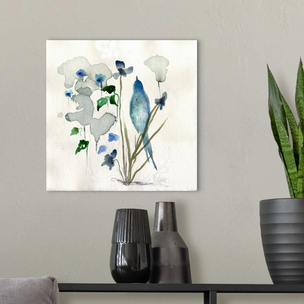 A modern room featuring A blue watercolor bird hiding in grass.