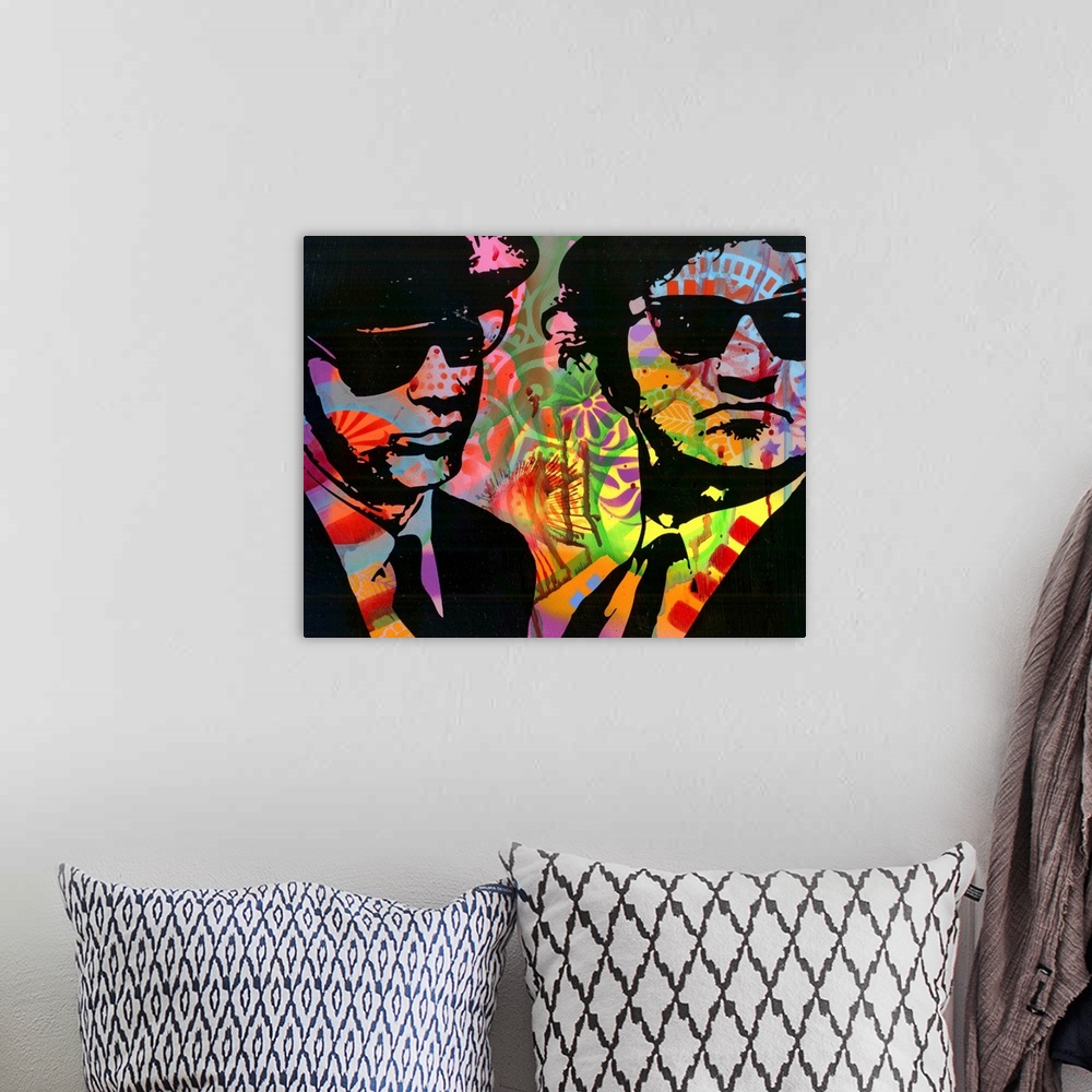 A bohemian room featuring Dark black illustration of the Blues Brothers on a colorful graffiti style background.