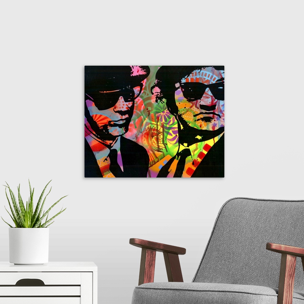 A modern room featuring Dark black illustration of the Blues Brothers on a colorful graffiti style background.