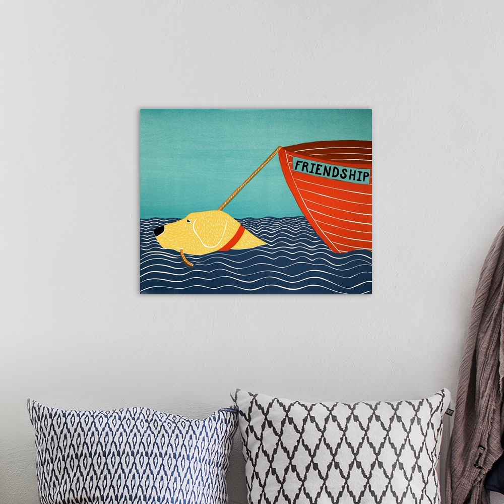 A bohemian room featuring Illustration of a yellow lab swimming the the ocean pulling a red boat called "Friendship" behind...