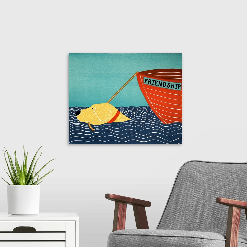 A modern room featuring Illustration of a yellow lab swimming the the ocean pulling a red boat called "Friendship" behind...