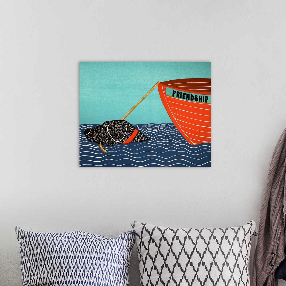 A bohemian room featuring Illustration of a black lab in the ocean pulling a bot behind him with the name "Friendship"