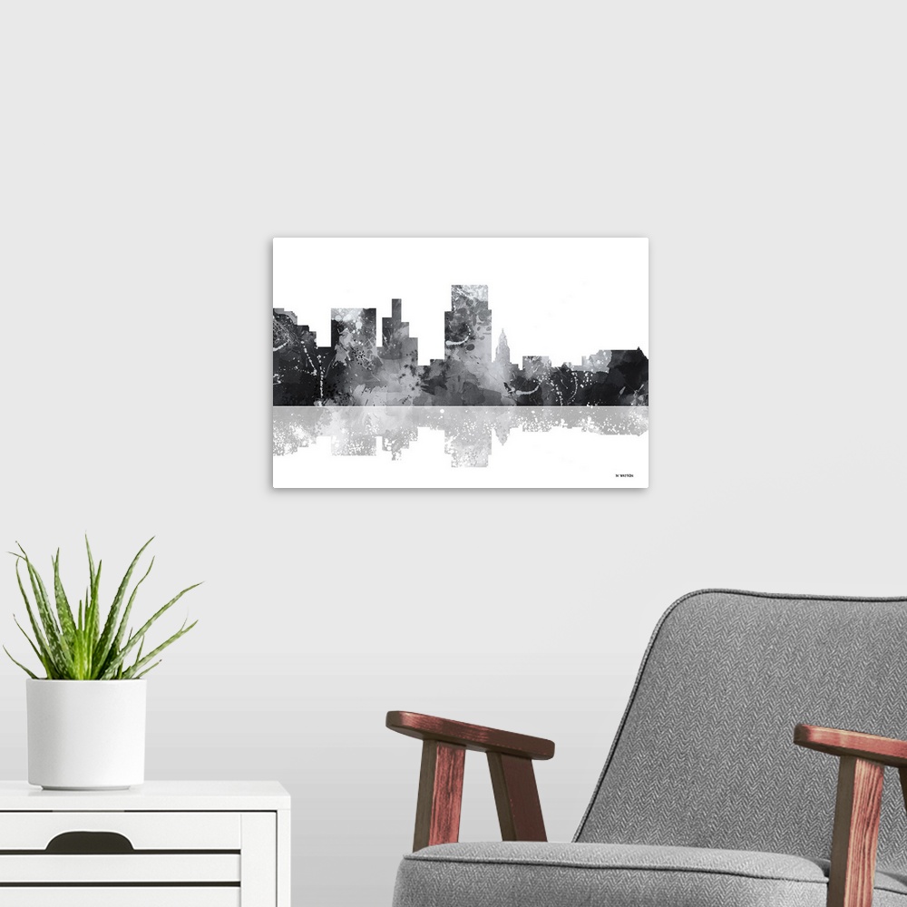 A modern room featuring Contemporary black and white watercolor skyline casting a mirror-like reflection below.