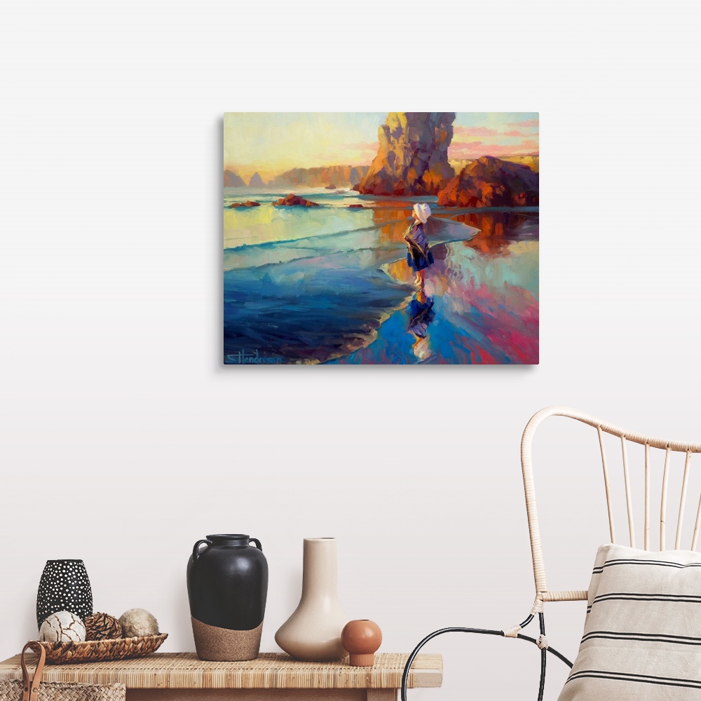 A farmhouse room featuring Oversized landscape painting of a young girl, standing on a beach with confidence, facing the wat...
