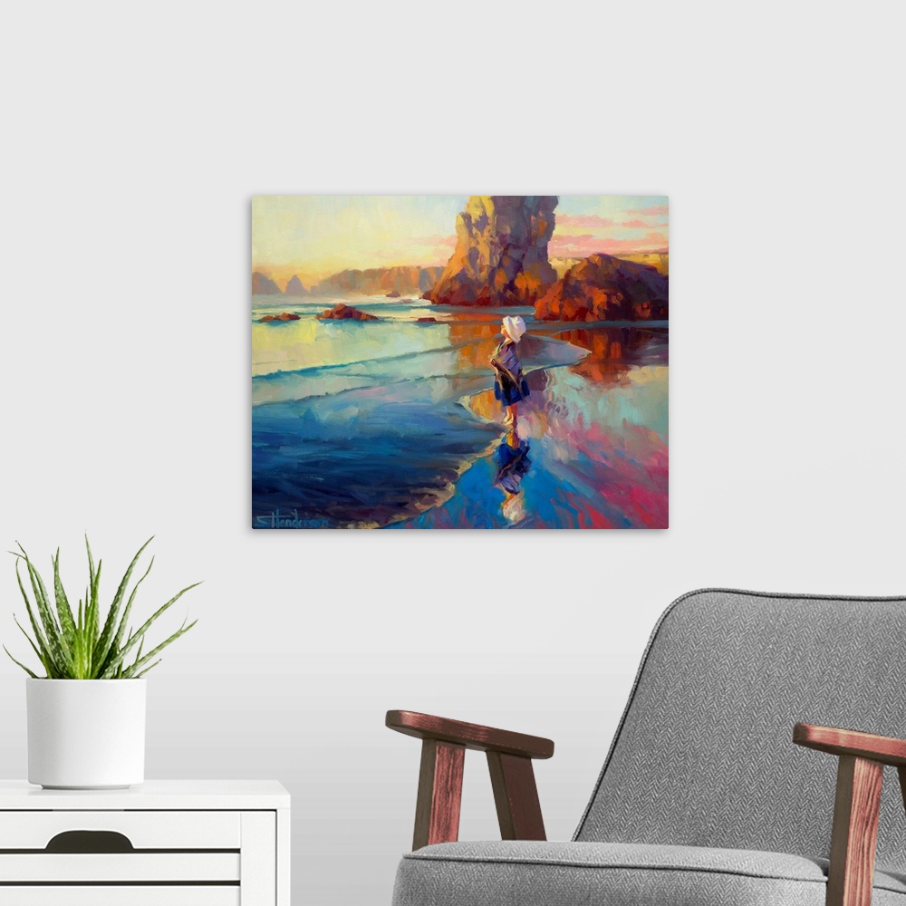 A modern room featuring Oversized landscape painting of a young girl, standing on a beach with confidence, facing the wat...