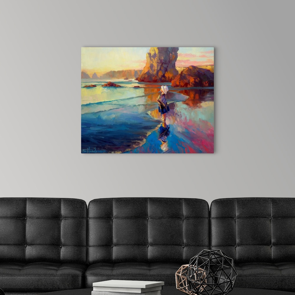 A modern room featuring Oversized landscape painting of a young girl, standing on a beach with confidence, facing the wat...