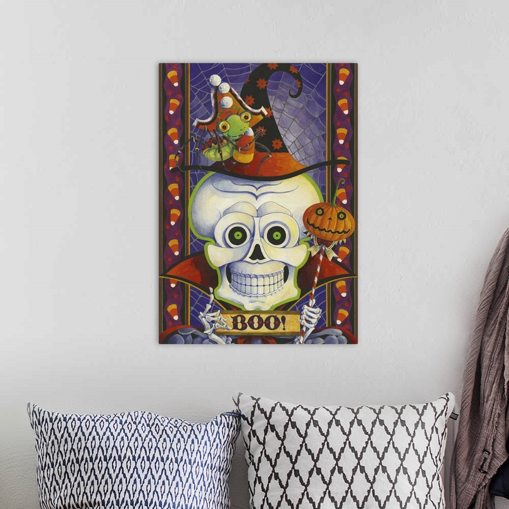A bohemian room featuring Contemporary artwork of a Halloween themed skeleton wearing a witch hat holding a sign that says ...