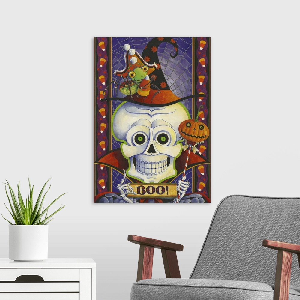A modern room featuring Contemporary artwork of a Halloween themed skeleton wearing a witch hat holding a sign that says ...